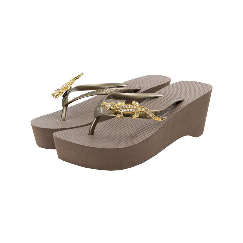 Gold Crocodile Switch High Heel - Taupe